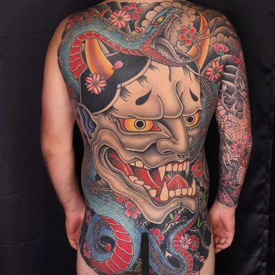 Hannya and Snake tattoo done by Dominik Cichowski at Davis Street Tattoo