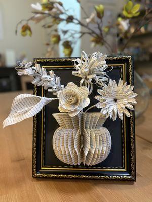 Handmade vase and flowers entirely from book pages... Make this in one of our mini class offerings.