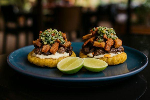 steak and Pork Belly Patacón