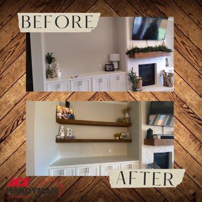 Our skilled craftsmen built our clients in Edmond custom 8.5' cedar floating shelves for their new home.