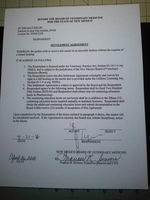 This is the agreement Dr. Van Arsdale signed to avoid further action from the New Mexico Board of Veterinary Medicine.