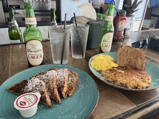 French toast and Eggs and hash browns