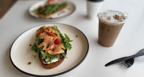 d'lox toast and iced coconut mocha