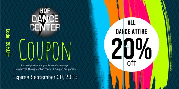 20% off all in stock dance attire / expires 9/30/18