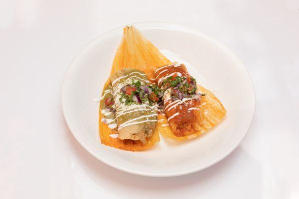 Wet Tamale topped with red or green salsa and pico de Gallo, sour cream, and queso cotija