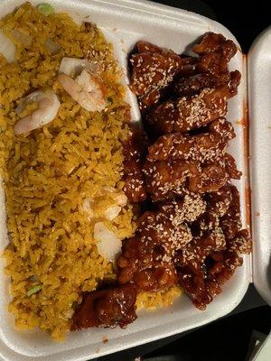 Sesame Chicken with Shrimp fried rice and egg rolls