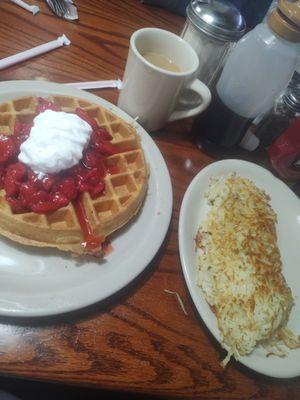 Hash browns and Strawberry Waffle.