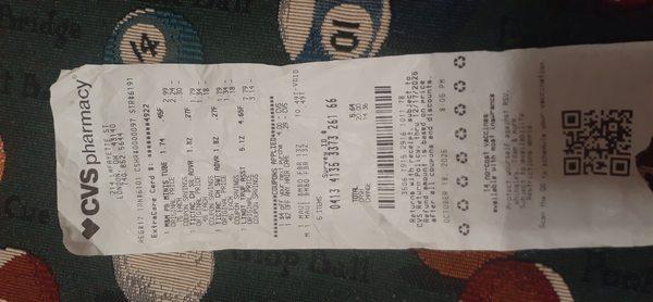cvs rceipt dated 101825 checkout 8:05 p.m.