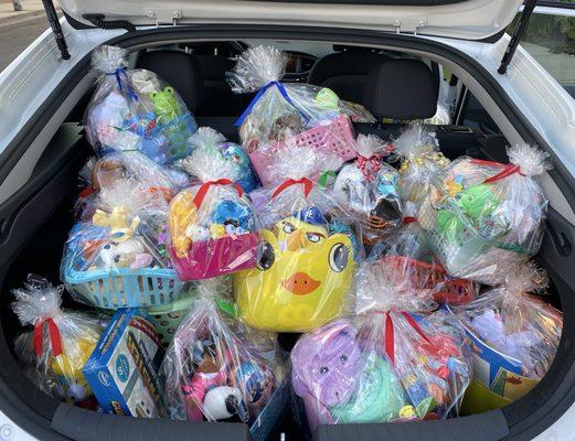 These are the gift baskets that I make every year for unhoused and homeless children. I am excited to include Squishable stuffies.