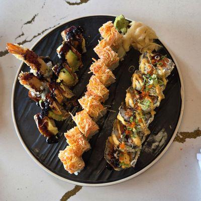 Left to right: twister roll, christmas roll, king kong roll