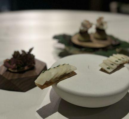 (1) Lumpia w/ banana miso, pickled jackfruit, nashi pear + (2) Okoy w/ mung bean, prawn tartare, pickled wild roses