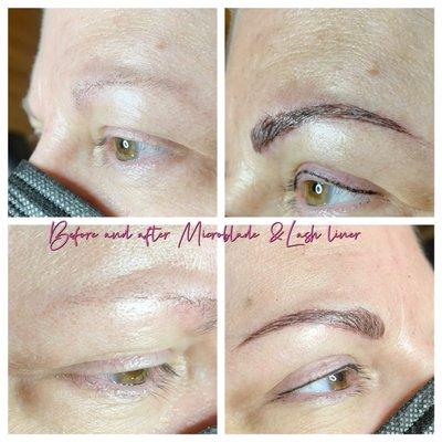 Before and right after SofTap microblade brows and top thin eyeliner