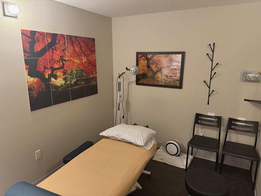 Comfortable tables with heat lamps and gentle music.