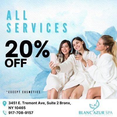 20% OFF ON ALL SERVICES if you refer a friend or bring someone at the spa
Getting pampered is fun to do with friends! So we ma