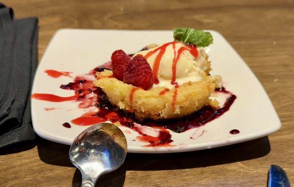 5/11/25 - Brown butter cake with raspberry sauce & vanilla ice cream - delicious
