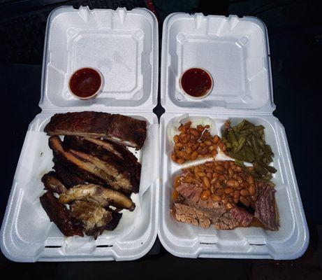 Order a 1lb of Fall of the Bone Ribs (left) and 1 Meat Plate with 2 Sides, Baked Cowboy Beans and Green beans (right)