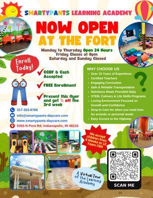 Now open! Safe, loving daycare with 24hr care Mon-Thurs & until 8pm Fridays. Meals, STEM & certified teachers helping kids thrive.