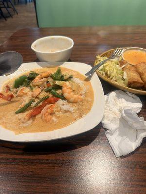 Curry shrimp with eggroll.