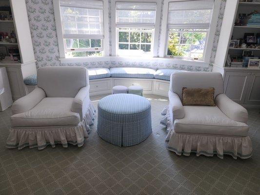 Custom ottoman and reupholstered arm chairs