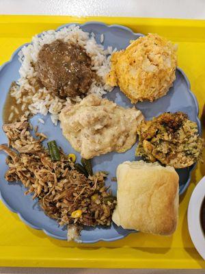 Chicken fried rice, hamburger steak gravy and rice, macaroni and cheese, chicken bacon ranch, broccoli casserole