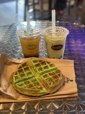 Mango tea, honeydew milk tea, and pandas waffle