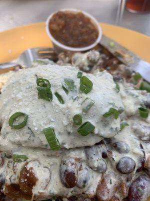 Vegetarian chili Tostada with cilantro sour cream sauce
