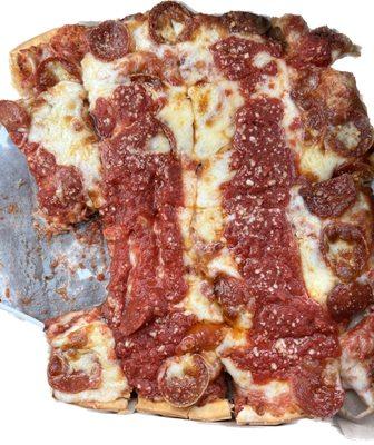 Small pepperoni, extra cheese, extra sauce.