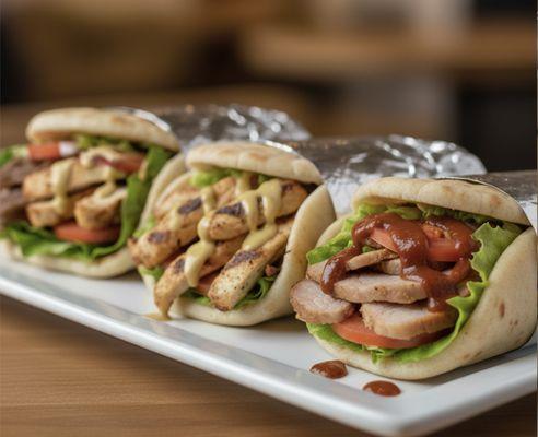 Feast your eyes on three of our signature gyro sandwiches--chicken, pork, lamb.