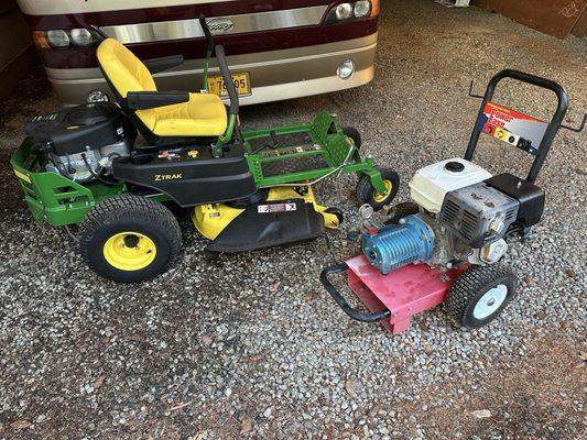 Riding lawnmower and pressure washer
