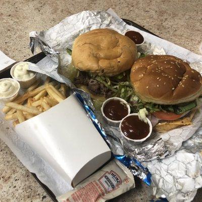 "Big" roast beef, Lucky R(fixed up), "large" fries, sauces