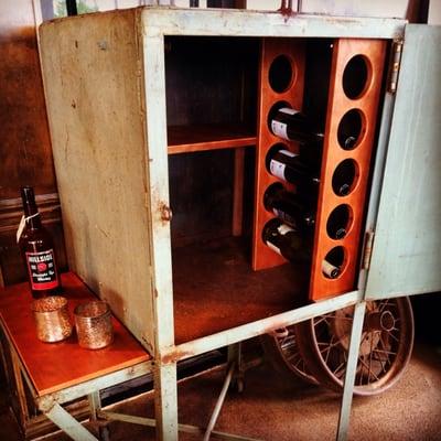 Reclaimed iron bar cart with Cherry wood shelving and wine rack