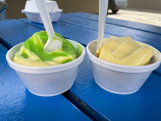 Lemon and green apple twist ice cream. The other is a lemon topped black raspberry dish.