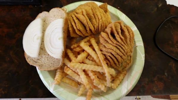 Scored buffalo n french fries with rye bread n onions ..tartar sauce