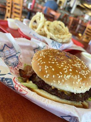 Bacon burger and onion rings