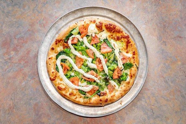 Personal 10" Bianco Pizza - White Garlic Sauce, Mozzarella, Spinach, Broccoli, Chopped Tomatoes, Ricotta, and Parmesan Cheese