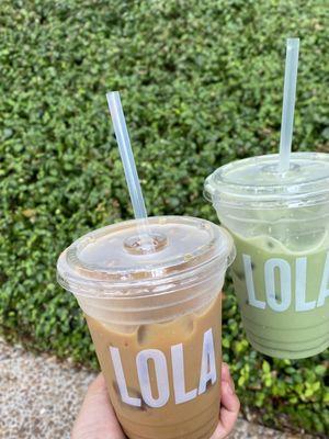 Iced honey oat latte & an iced matcha latte.