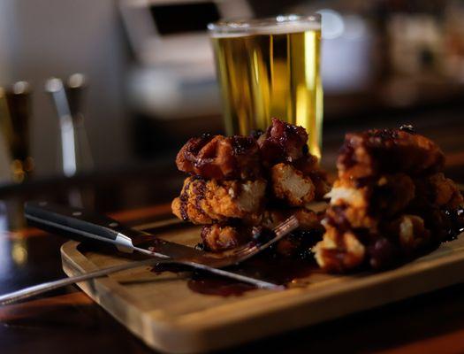 Chicken and Waffles with blue berry compote