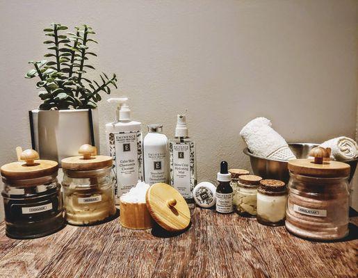 EMINENCE Organic Skincare, Handmade Scrubs (charcoal, vanilla, etc), organic body butters and organic coconut oils.