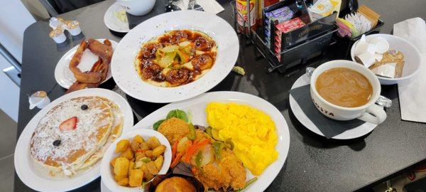 Caribbean Jerk Shrimp & Grits; Coconut Pancakes; Fried Catfish, eggs, Home fries, coffee, bacon, corn muffin...