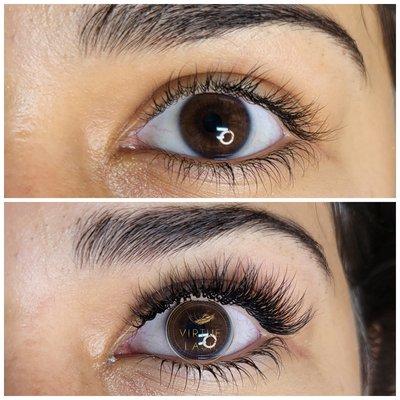 Before and after. Classic set natural looking lash extensions. Isolation on point