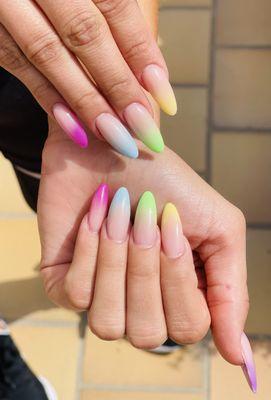 Colored ombre acrylic nails. Full set price is $110 and takes about 105 minutes. Fill in price is $90 and takes about 90 minutes.