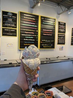 Birthday cake and bourbon butter toffee on a vanilla cone.