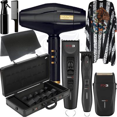 BaBylissPRO FX3 Professional Black Collection Cord/Cordless Clipper FXX3CB & Trimmer FXX3TB & Shaver FXX3SB & BlackFX Dryer & Flat Top Comb