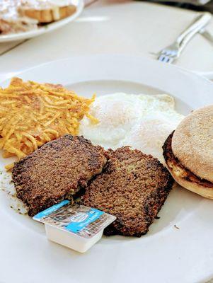 Two eggs, scrapple, hash browns