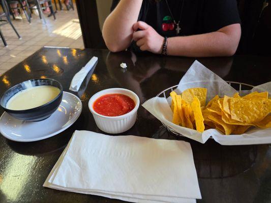 Chips, salsa and queso.