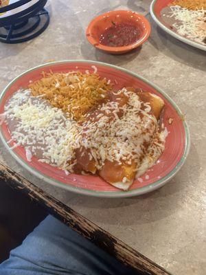 Two cheese enchiladas with rice and beans.