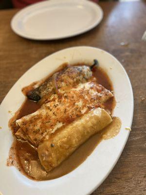 Chile Rellenos, bean burrito, chicken enchilada