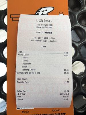 Receipt for pizza