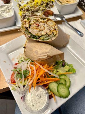 Boneless chicken kabob wrap and house salad