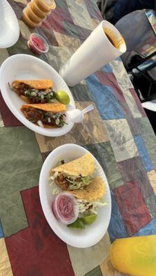 Consome, quesabirrias, picositos (shrimp quedadillas)